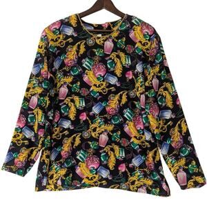 Vintage 1980s Blouse Perfume Bottles Gems Novelty Print Black Jewel Tone Size 16